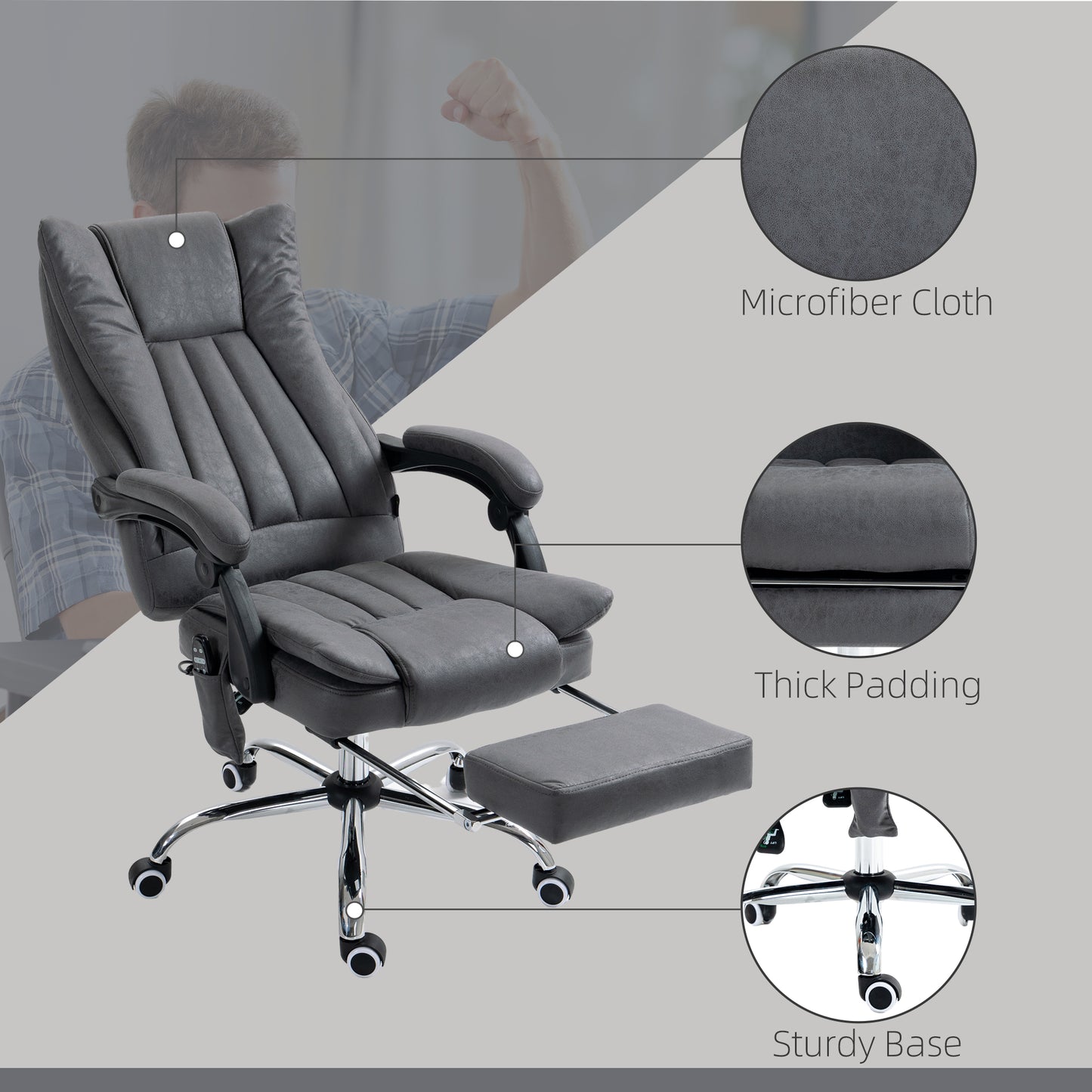 Dark gray microfiber cloth office chair with plush padding and extendable footrest for comfort