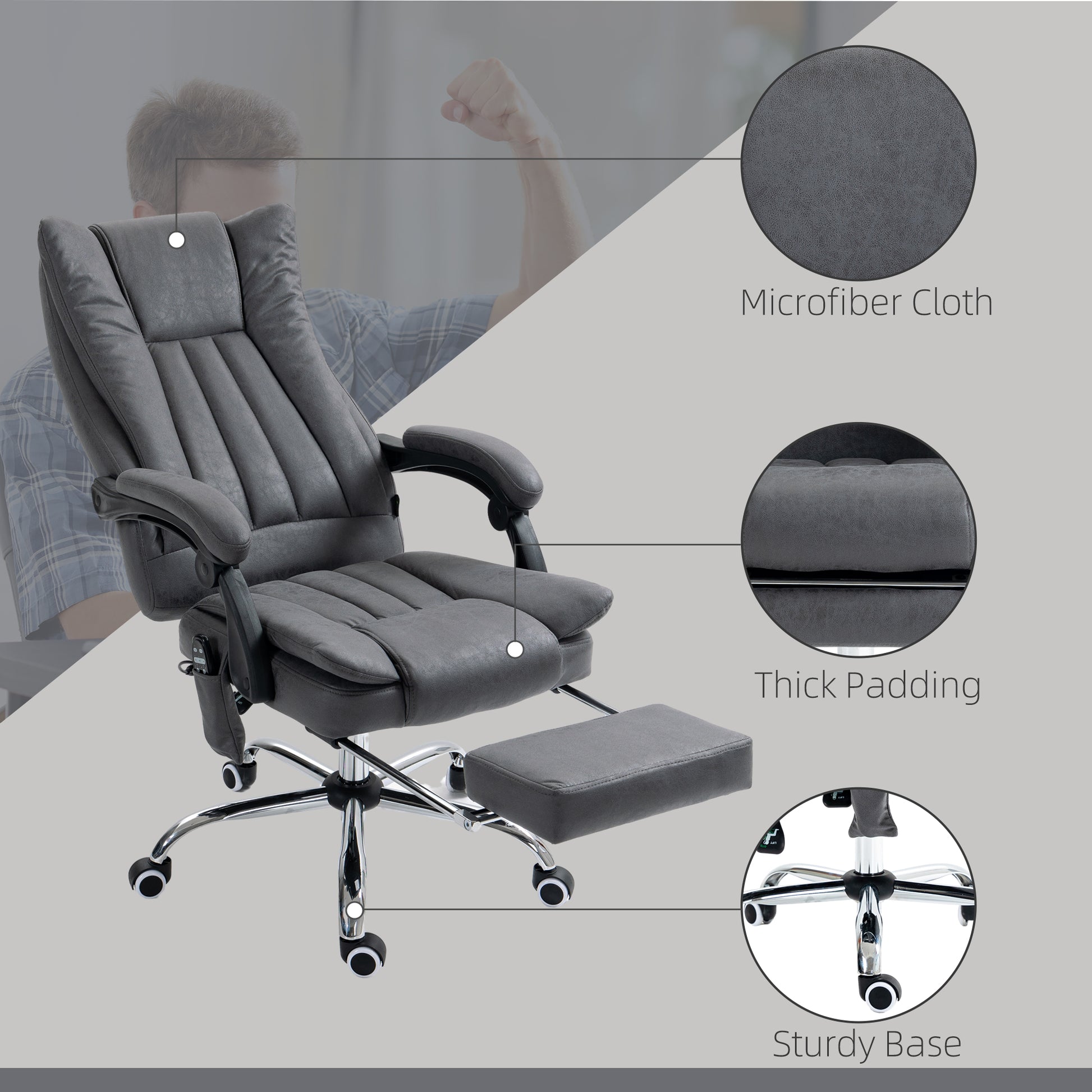 Dark gray microfiber cloth office chair with plush padding and extendable footrest for comfort