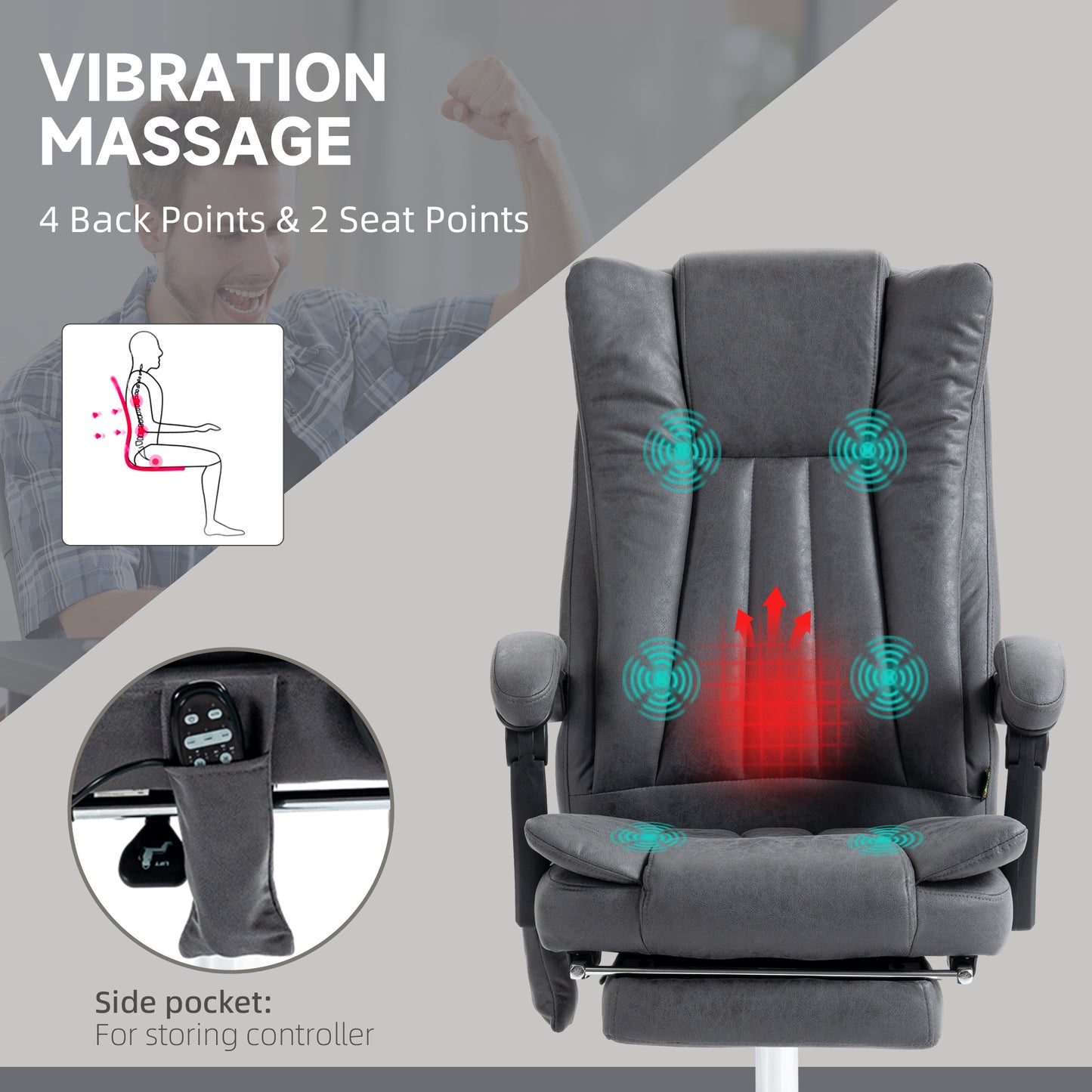 Grey executive chair with integrated vibration massage for lumbar support