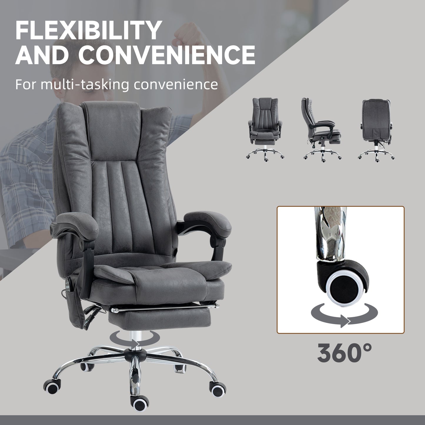 Plush grey executive office chair with retractable footrest and adjustable armrests