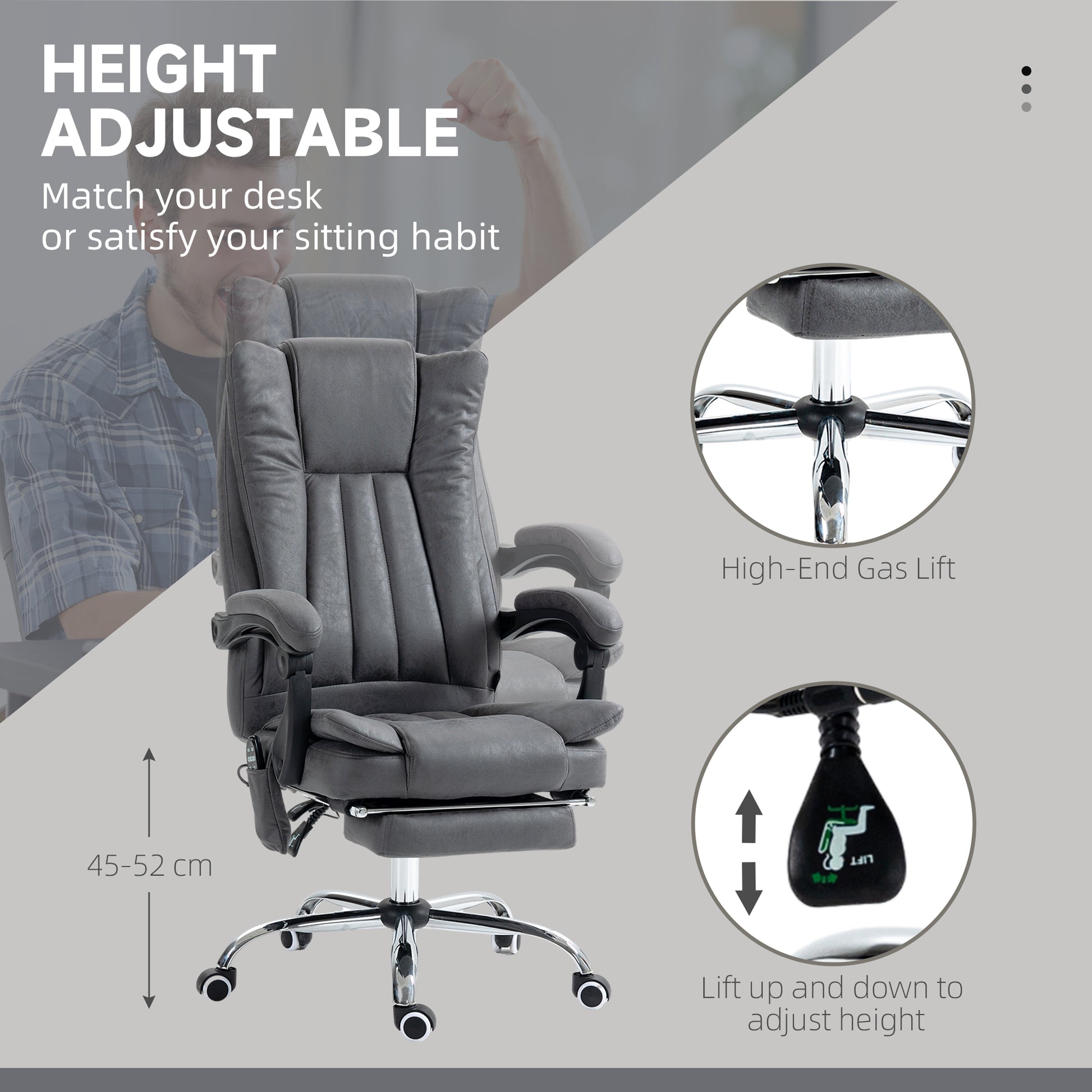 Grey executive ergonomic office chair with adjustable height and footrest