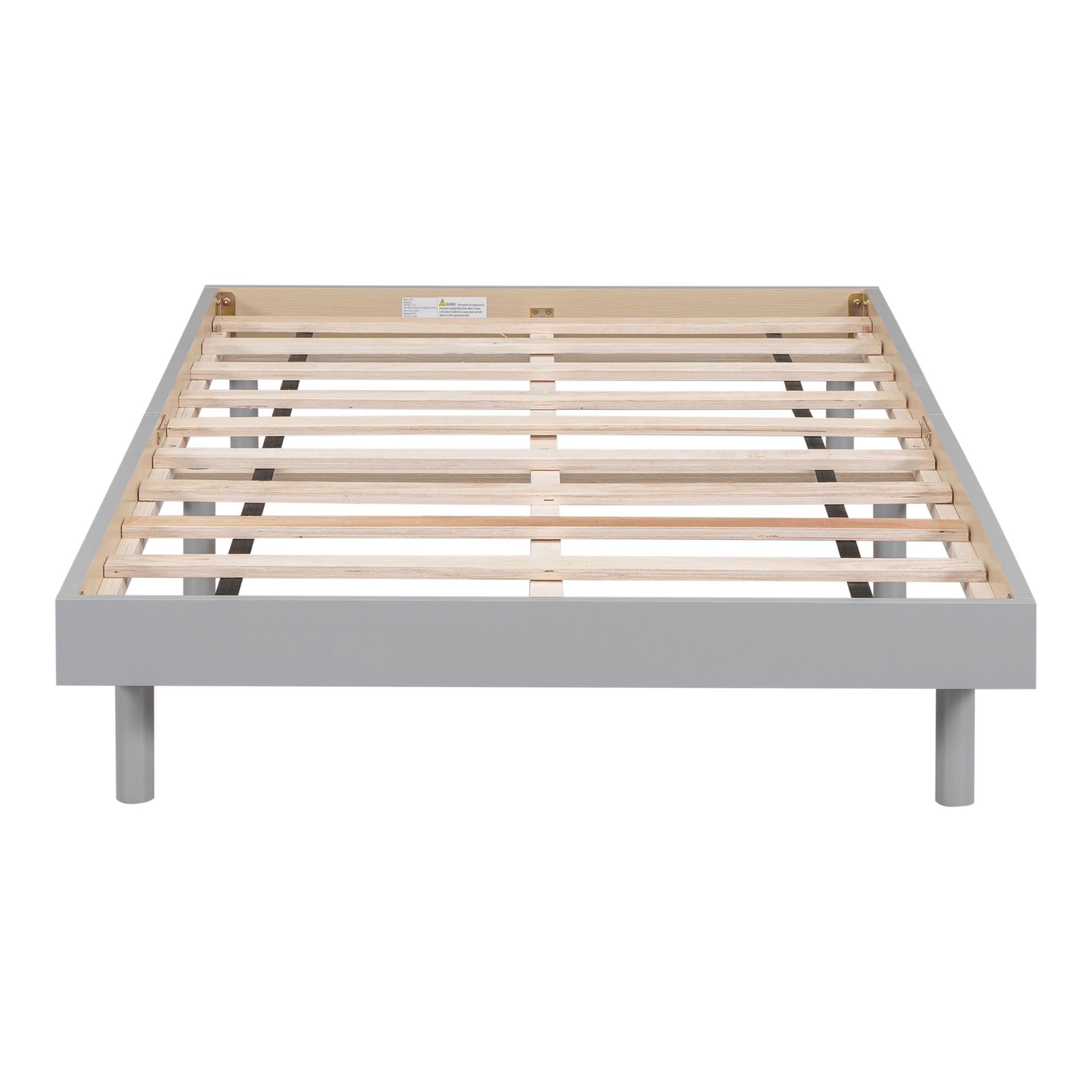 Grey platform bed frame with wooden slats and cylindrical legs