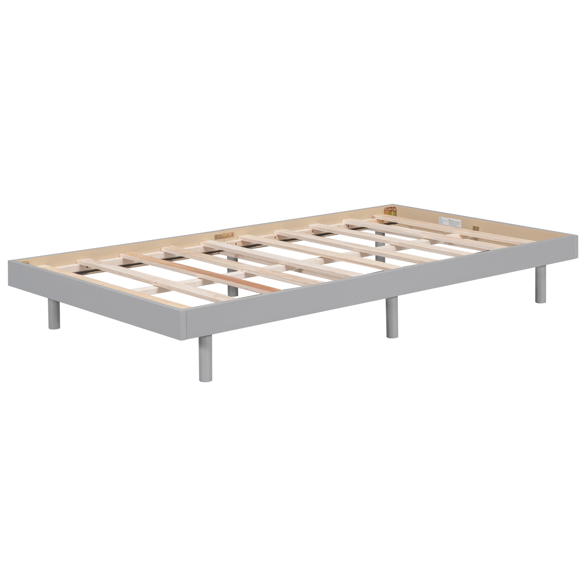 Gray twin bed frame with wooden slats and cylindrical legs