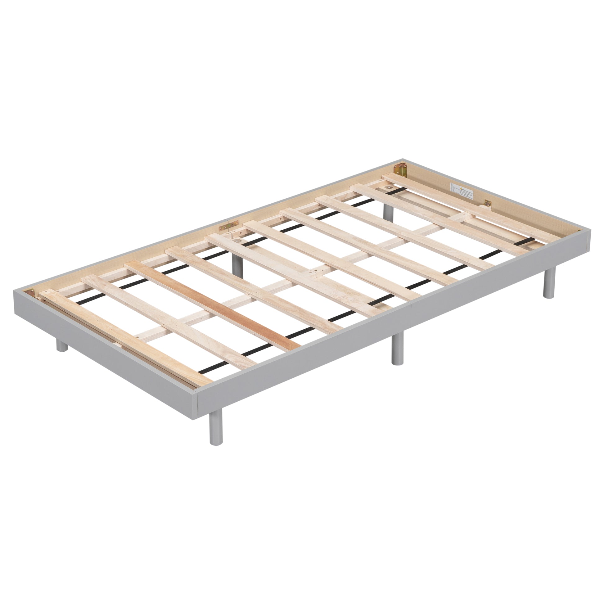 Gray metal bed frame with wooden slats and four cylindrical legs
