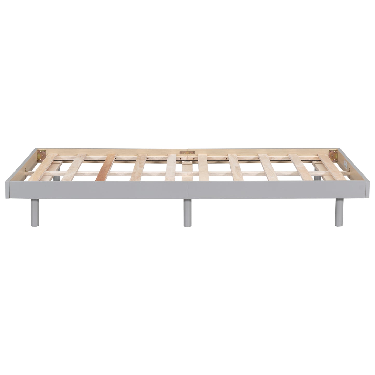 Gray metal bed frame with wooden slats