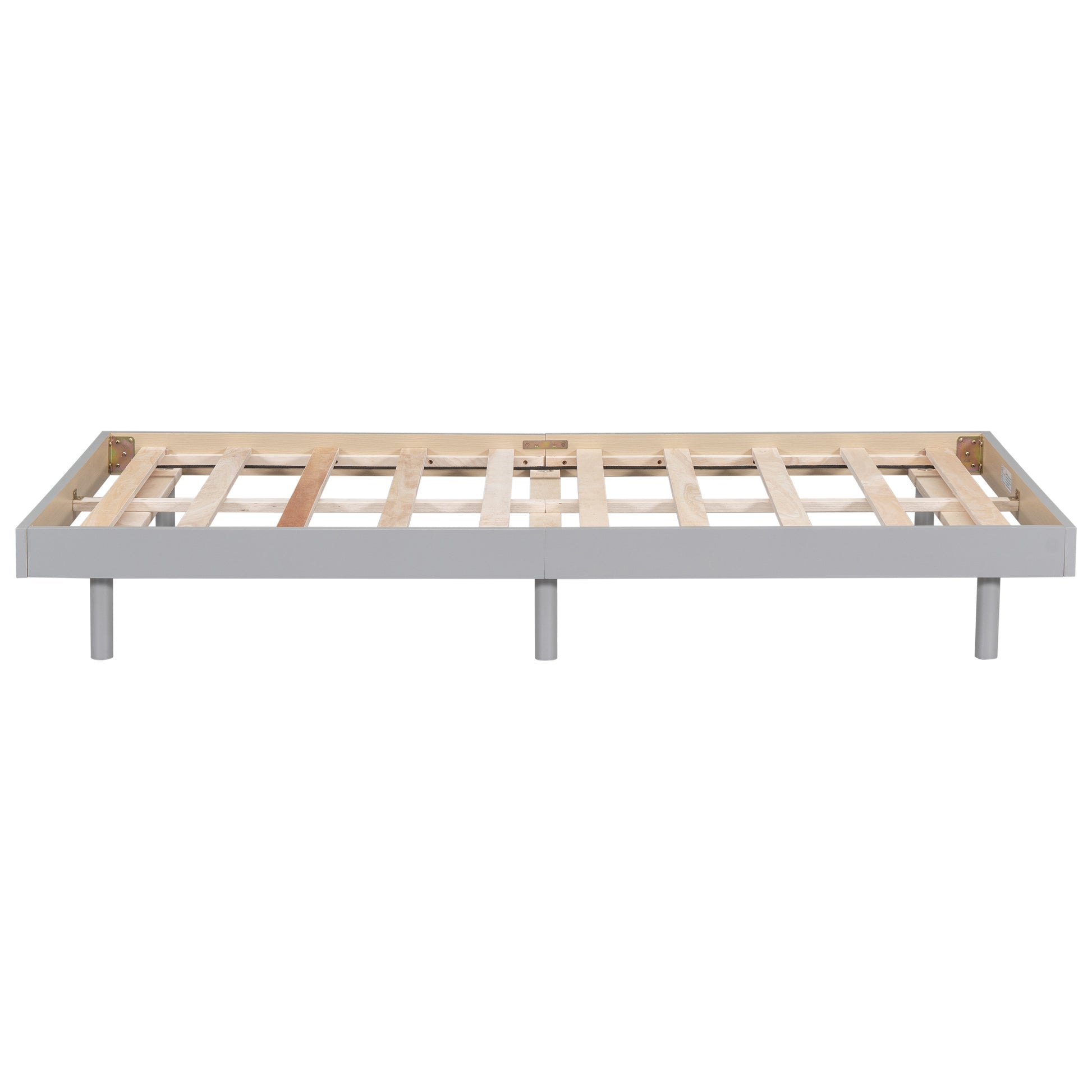 Gray metal bed frame with wooden slats