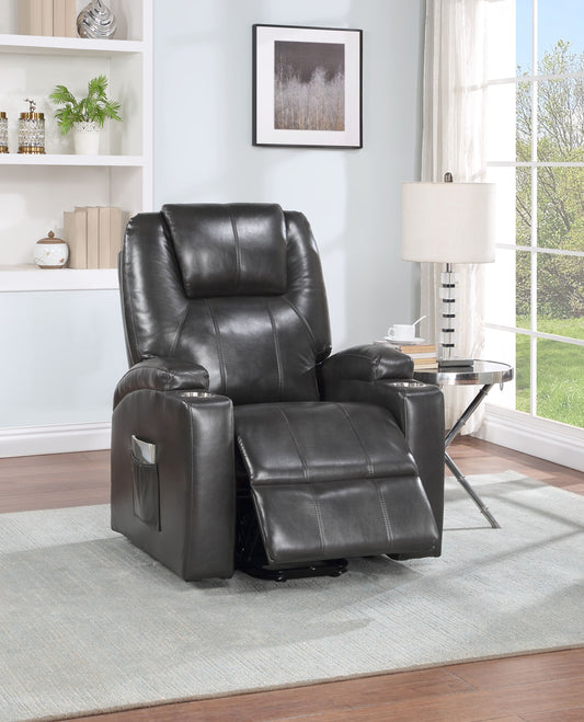 Comfortable dark gray leather recliner with cup holders and side pocket