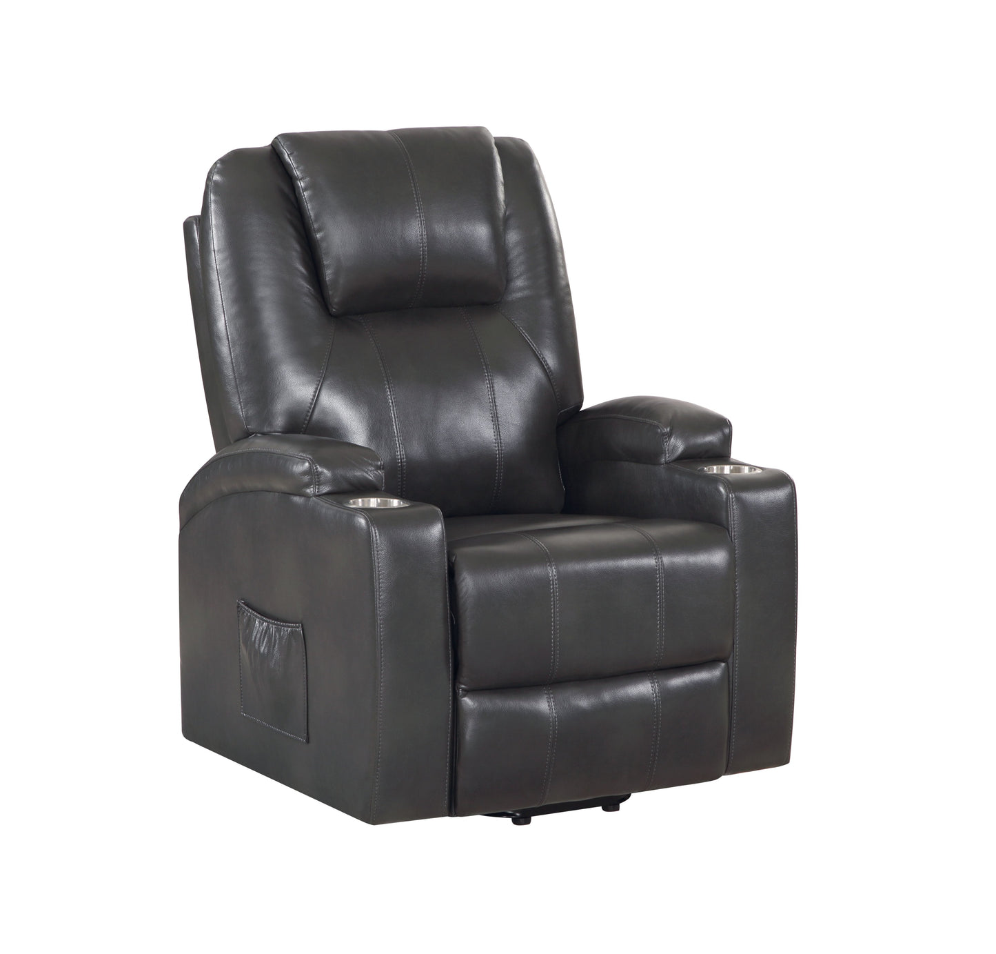 Dark gray leather recliner with headrest cupholders and side pocket
