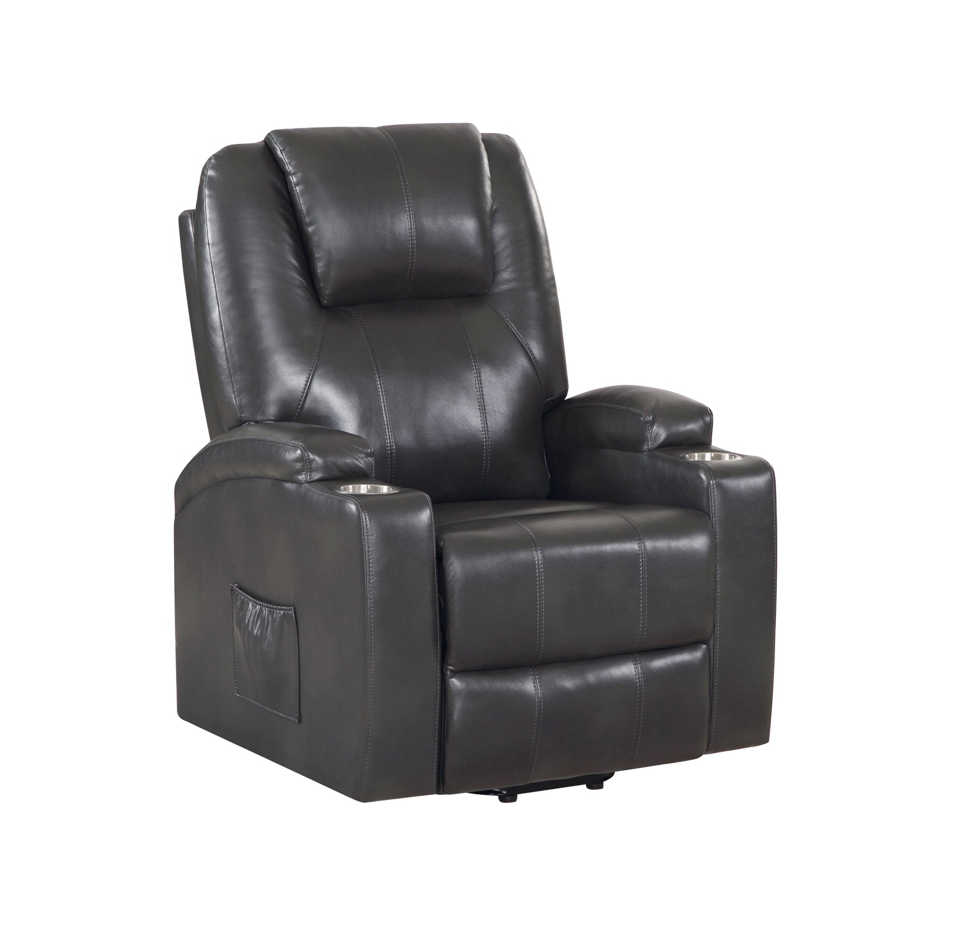 Dark gray leather recliner with headrest cupholders and side pocket