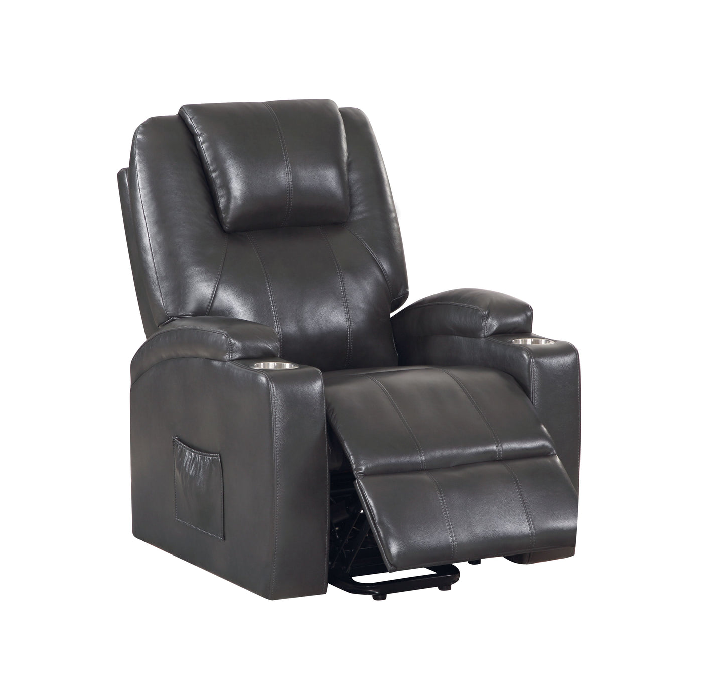 Dark gray leather recliner with cup holders and side pocket