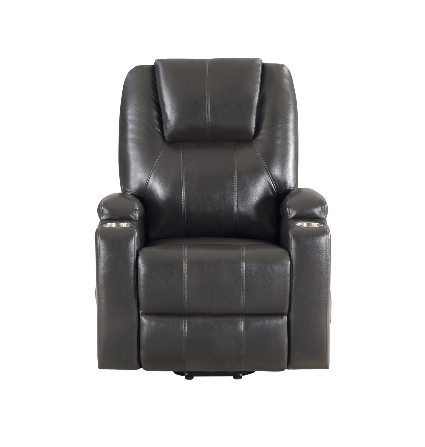Dark grey faux leather recliner chair with padded headrest and cup holders