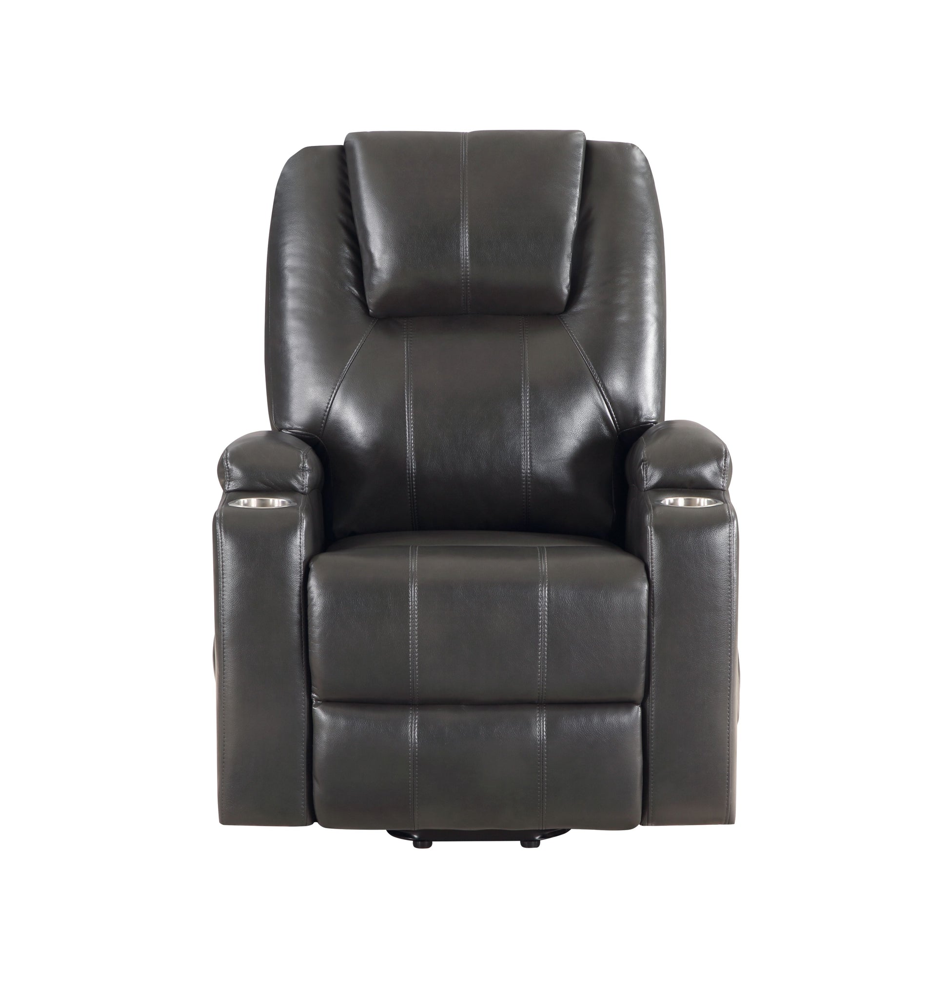 Dark grey faux leather recliner chair with padded headrest and cup holders