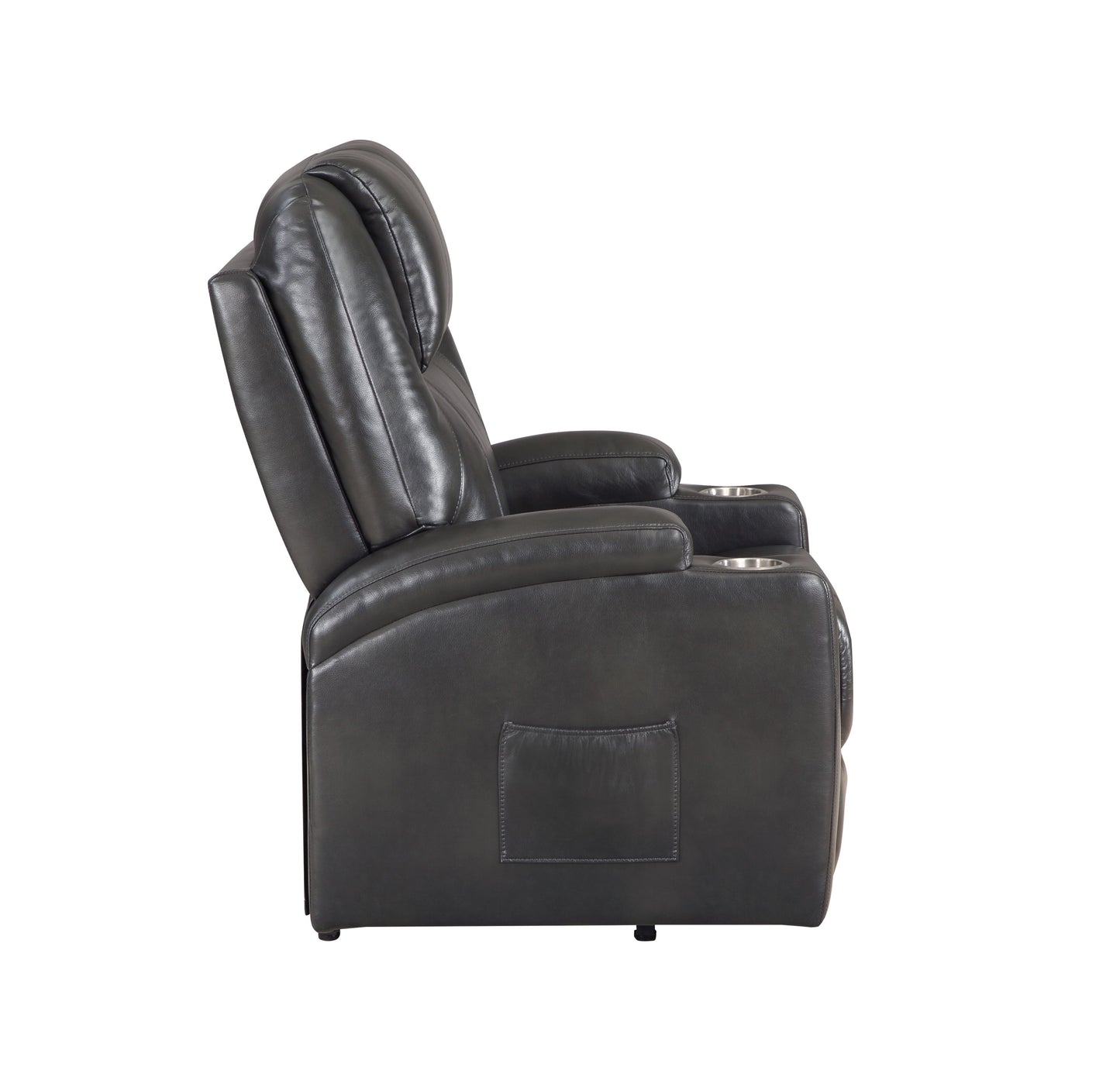 Gray faux leather recliner chair with cup holders and side pocket