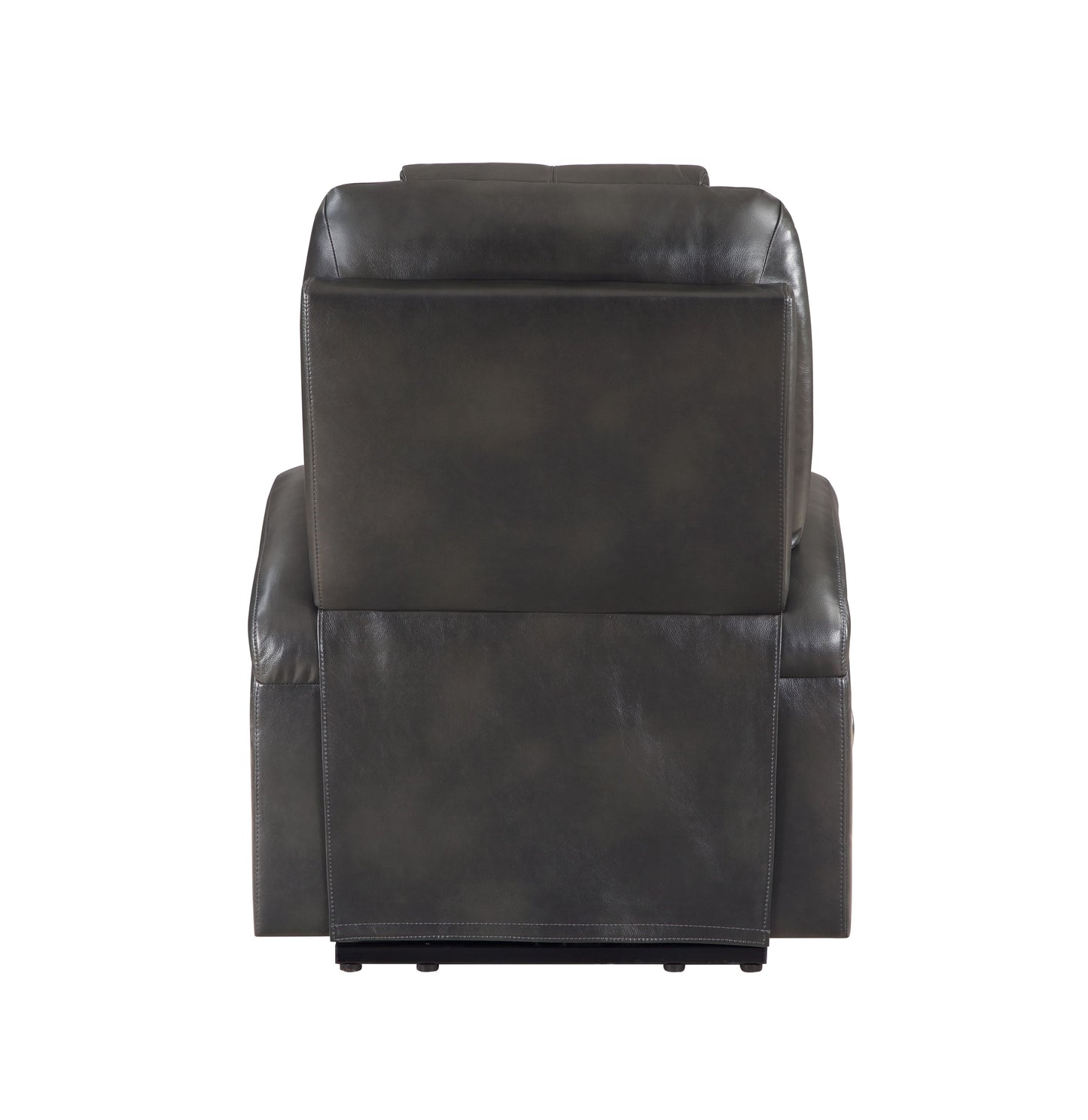 Back view of a dark gray leather recliner chair with plush padding and clean stitching