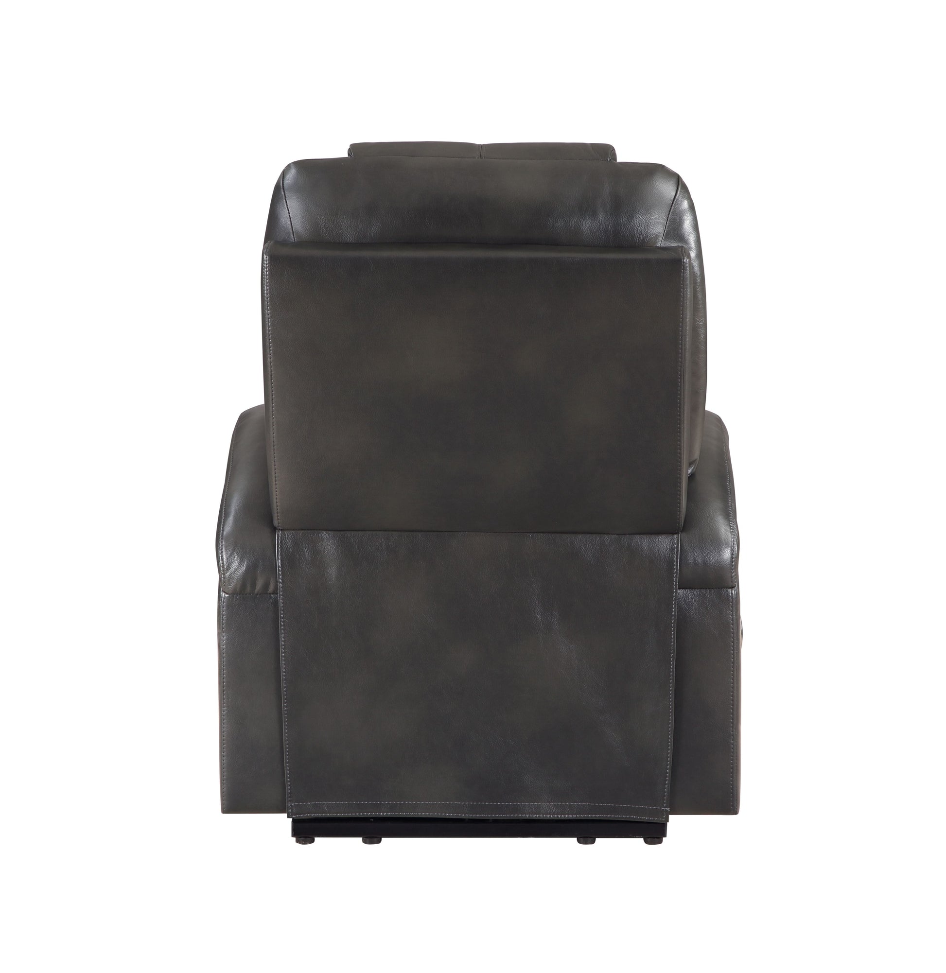 Back view of a dark gray leather recliner chair with plush padding and clean stitching