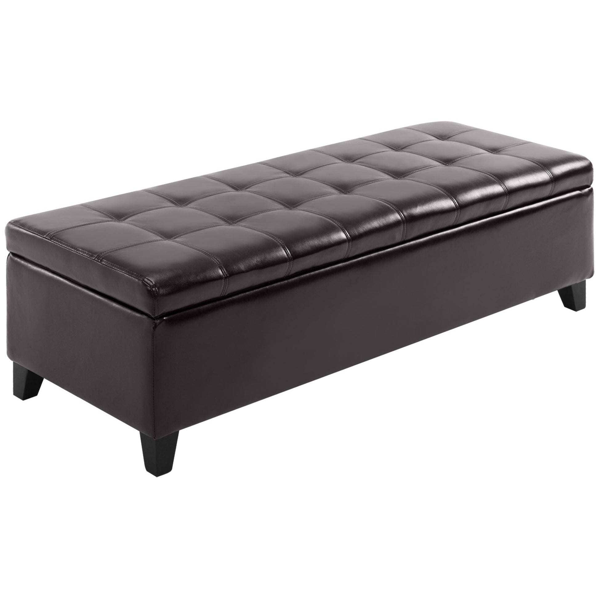 Tufted dark brown faux leather storage ottoman with black feet perfect for bedroom or living room organization