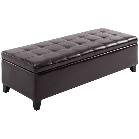 Tufted dark brown faux leather storage ottoman with black feet perfect for bedroom or living room organization