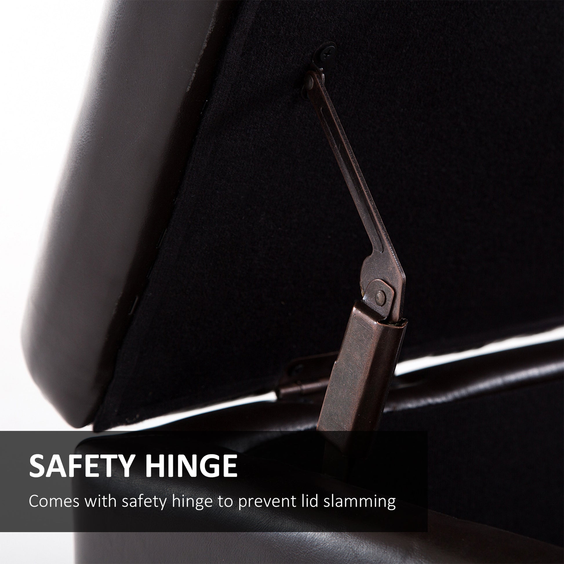 Brown leather ottoman storage with durable safety hinge mechanism