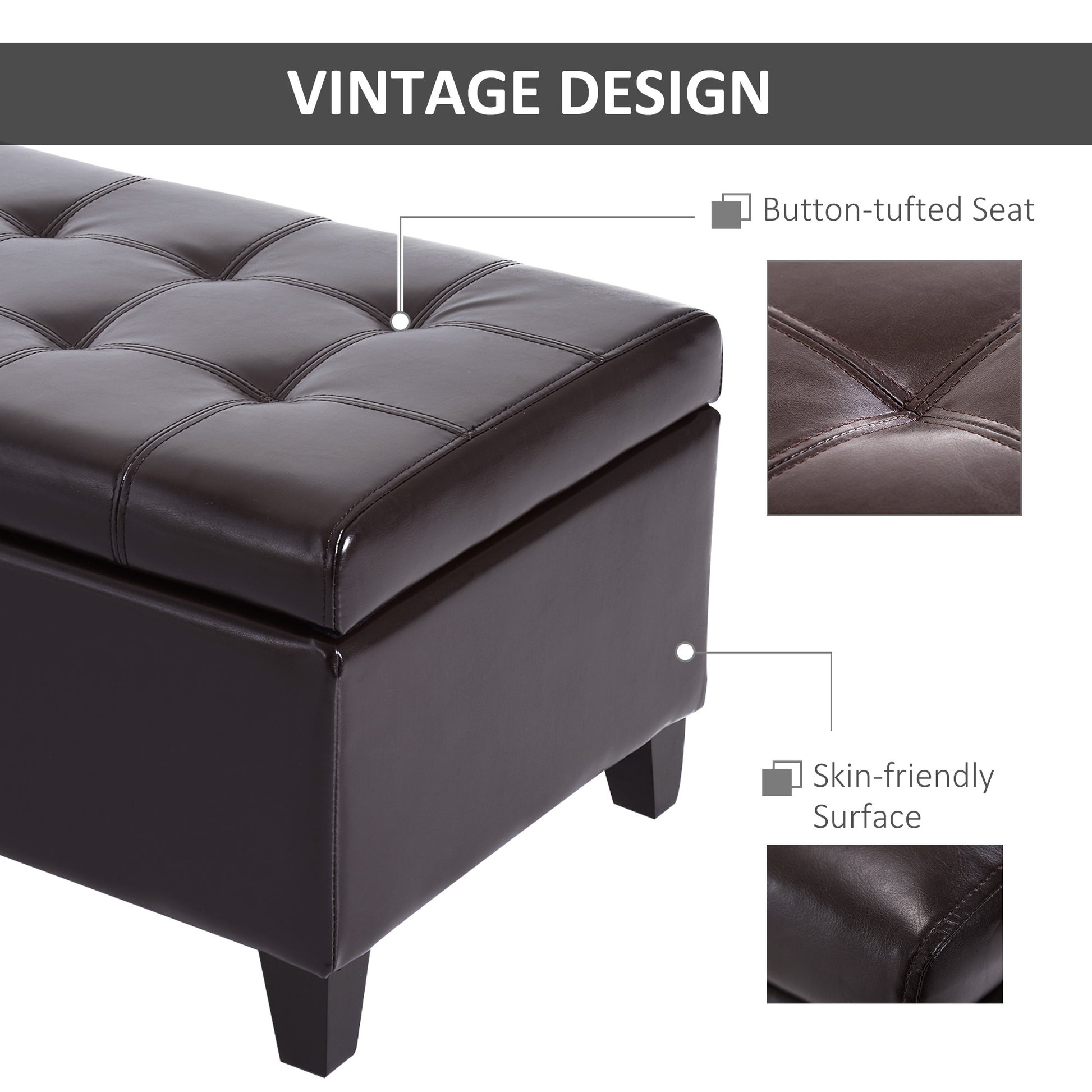 Dark brown faux leather ottoman with buttontufted lid and sturdy legs