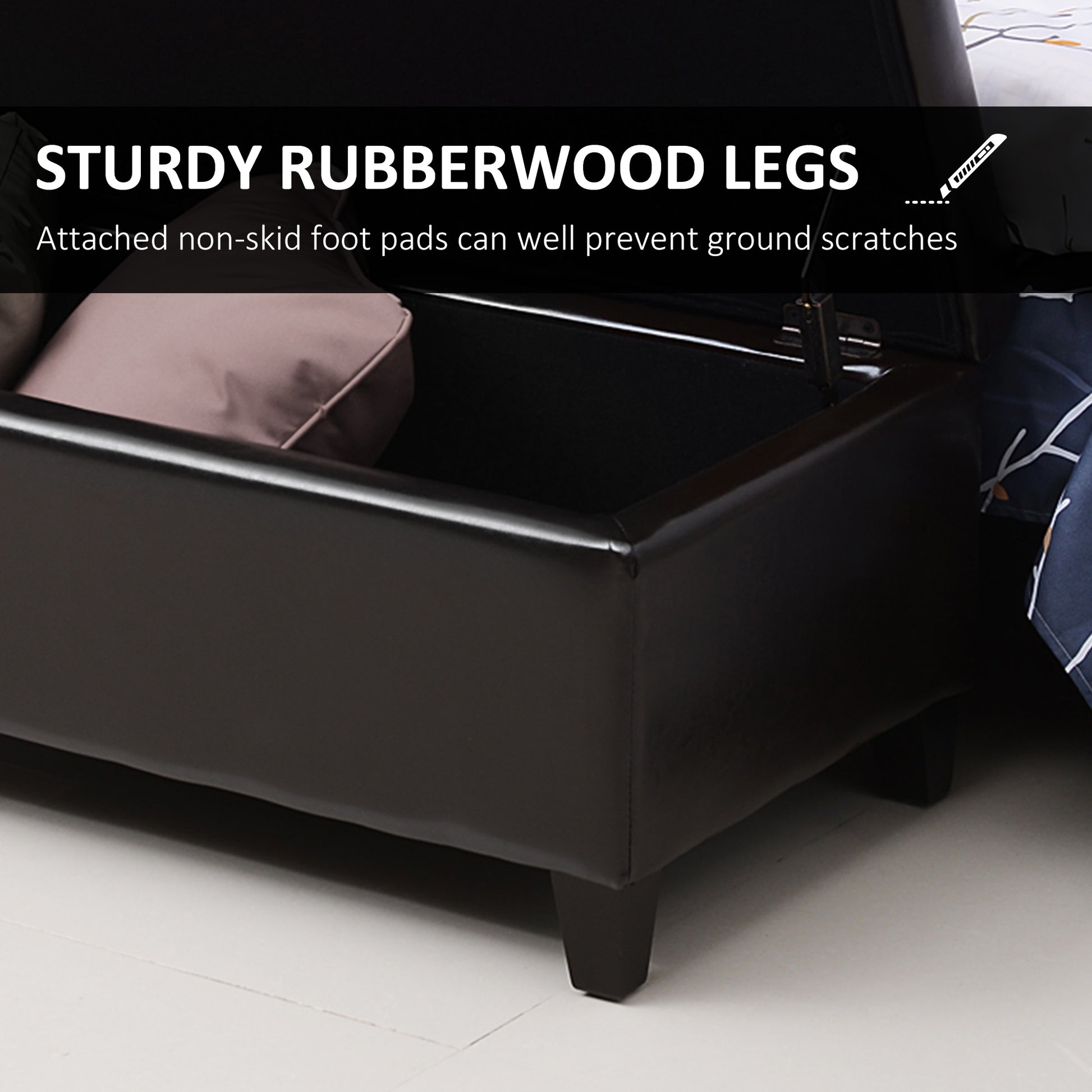 Dark brown faux leather storage ottoman with sturdy rubberwood legs and nonslip foot pads