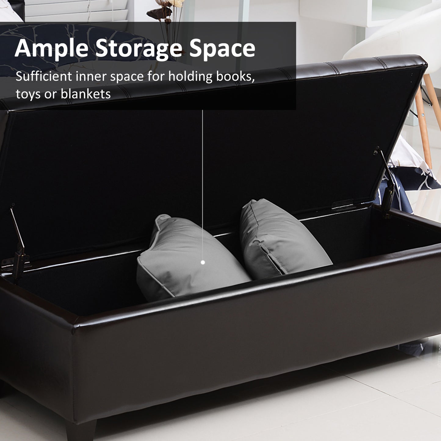 Dark brown faux leather storage ottoman with ample interior space for blankets