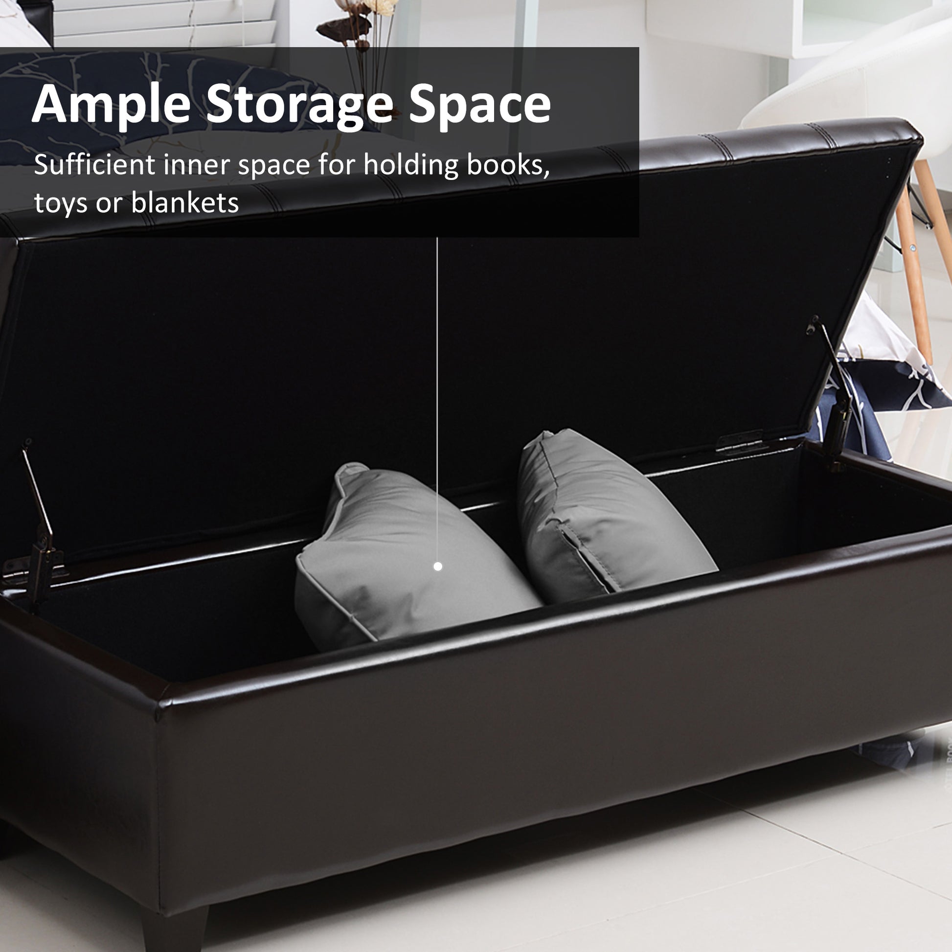 Dark brown faux leather storage ottoman with ample interior space for blankets