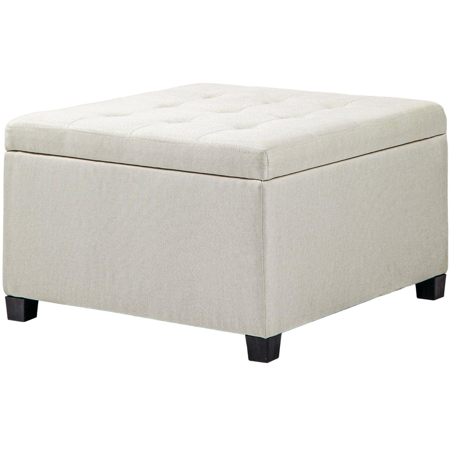 Tufted beige fabric storage ottoman with dark wood legs perfect for living rooms