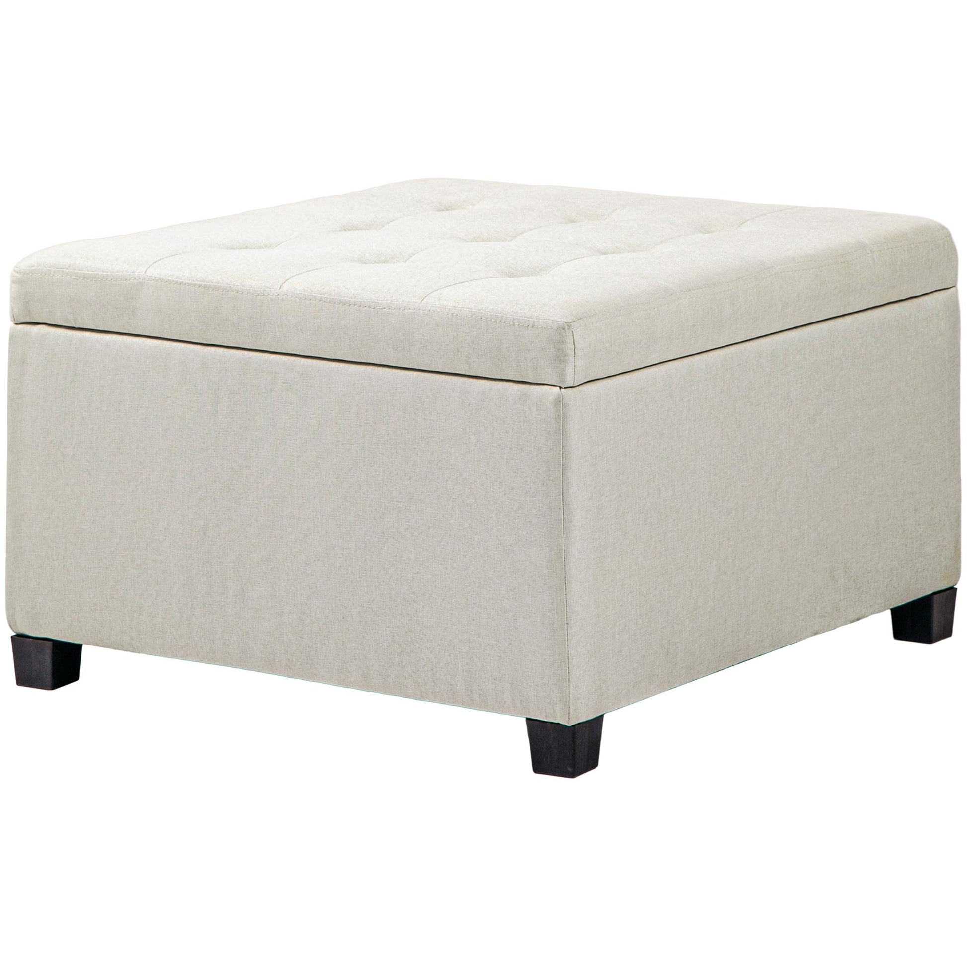 Tufted beige fabric storage ottoman with dark wood legs perfect for living rooms