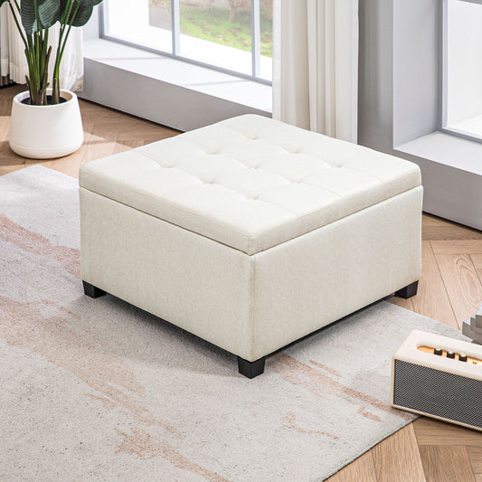 Tufted linen storage ottoman in cream perfect for living rooms seeking comfort and organization