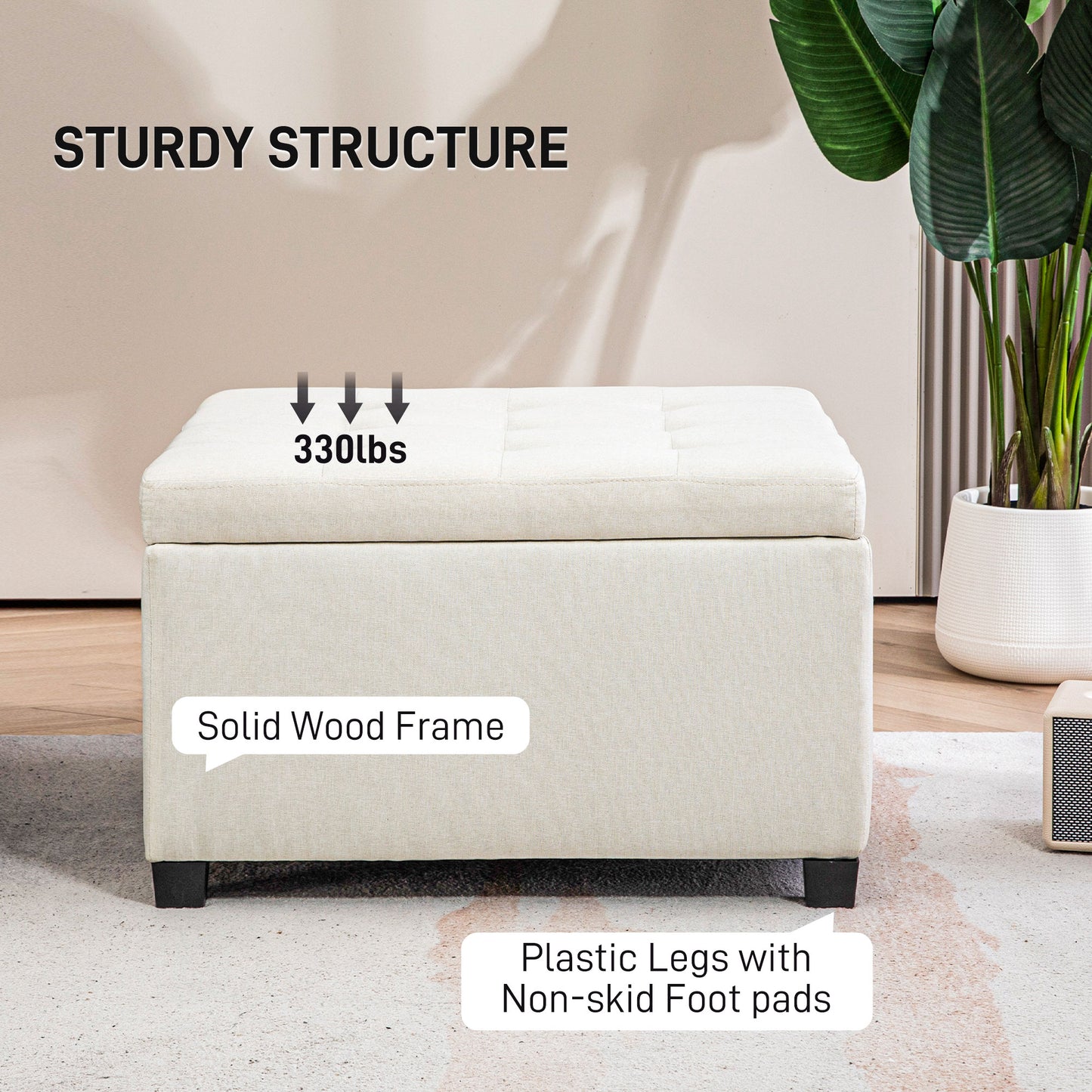 Beige fabric ottoman with tufted lid supporting lbs and featuring a solid wood frame