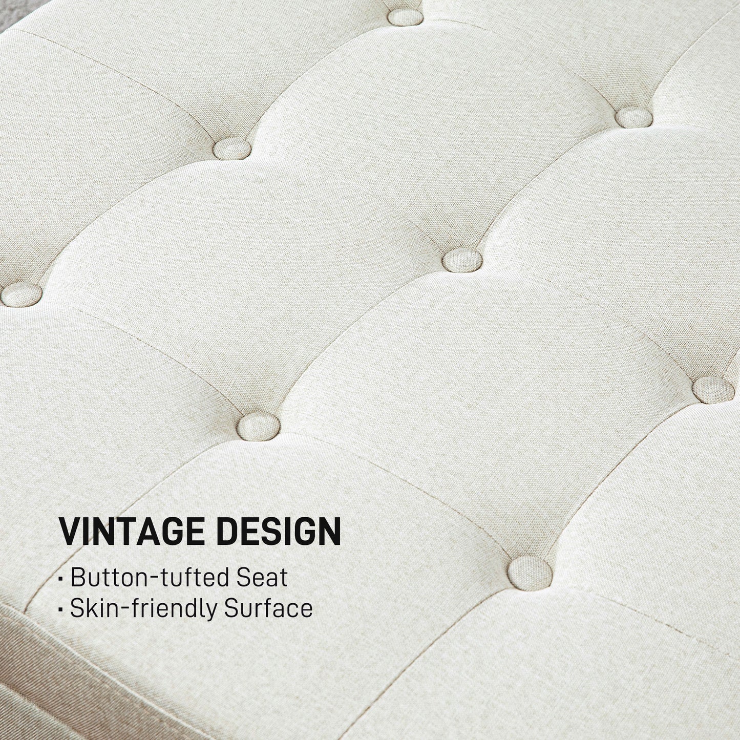 Cream upholstered bench with deep button tufting vintage design element