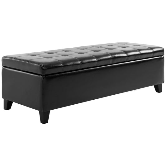 Black faux leather storage ottoman with tufted top and wooden legs