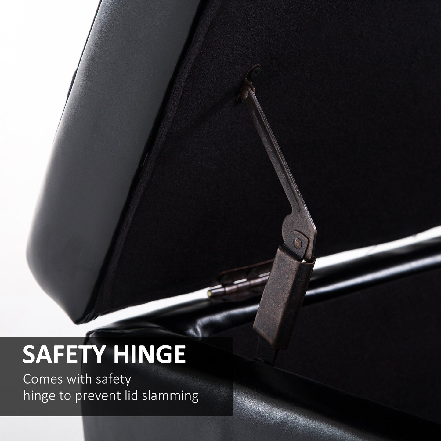 Black leather storage ottoman with safety hinge feature
