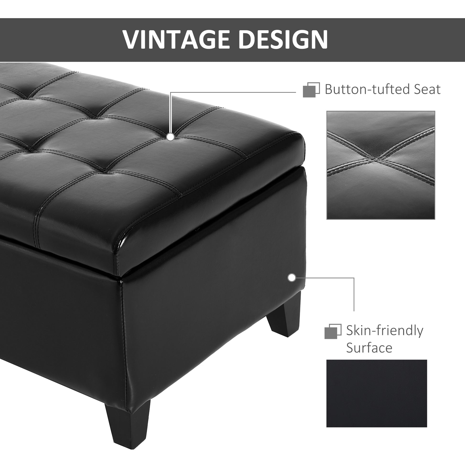 Black faux leather storage ottoman with buttontufted seat and tapered legs
