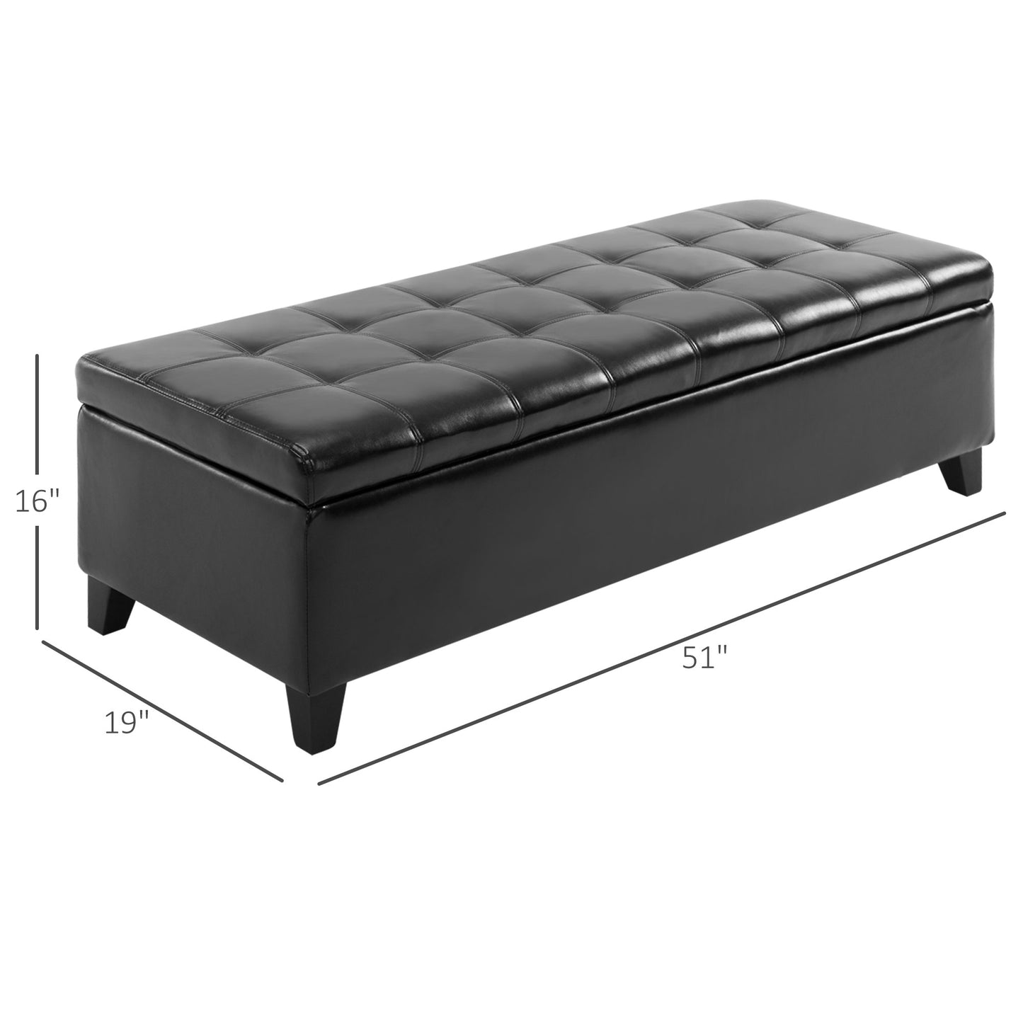 Black tufted leather storage ottoman with inch length and inch height