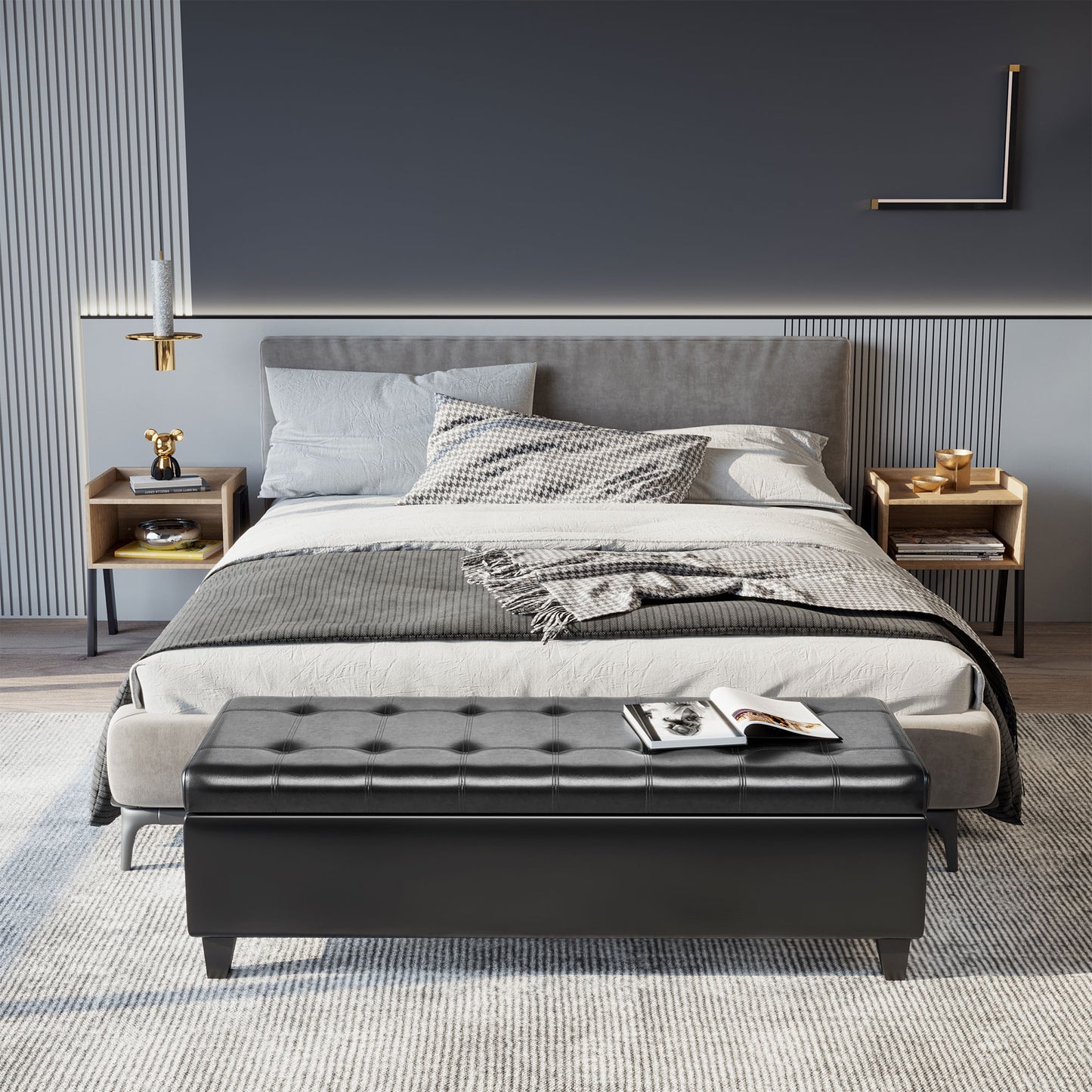 Tufted black leather storage bench with a modern design for bedroom seating