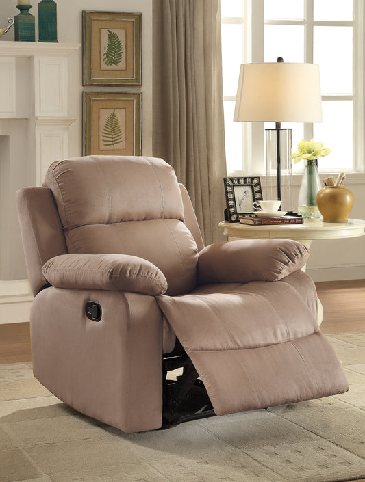 Plush taupe fabric recliner with padded arms and footrest extended for ultimate comfort