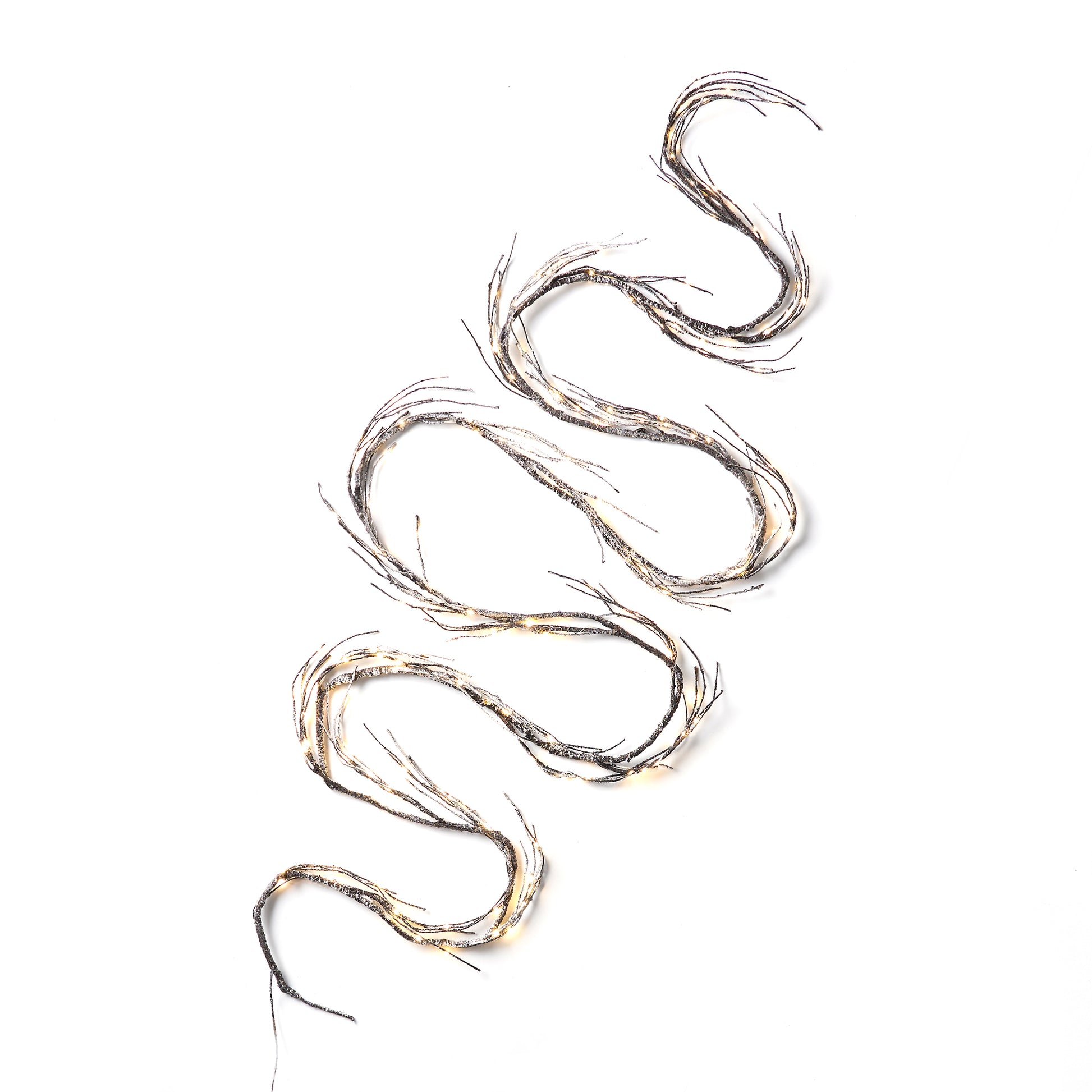 Twisted brown branch lights with warm white LEDs and glitter accents