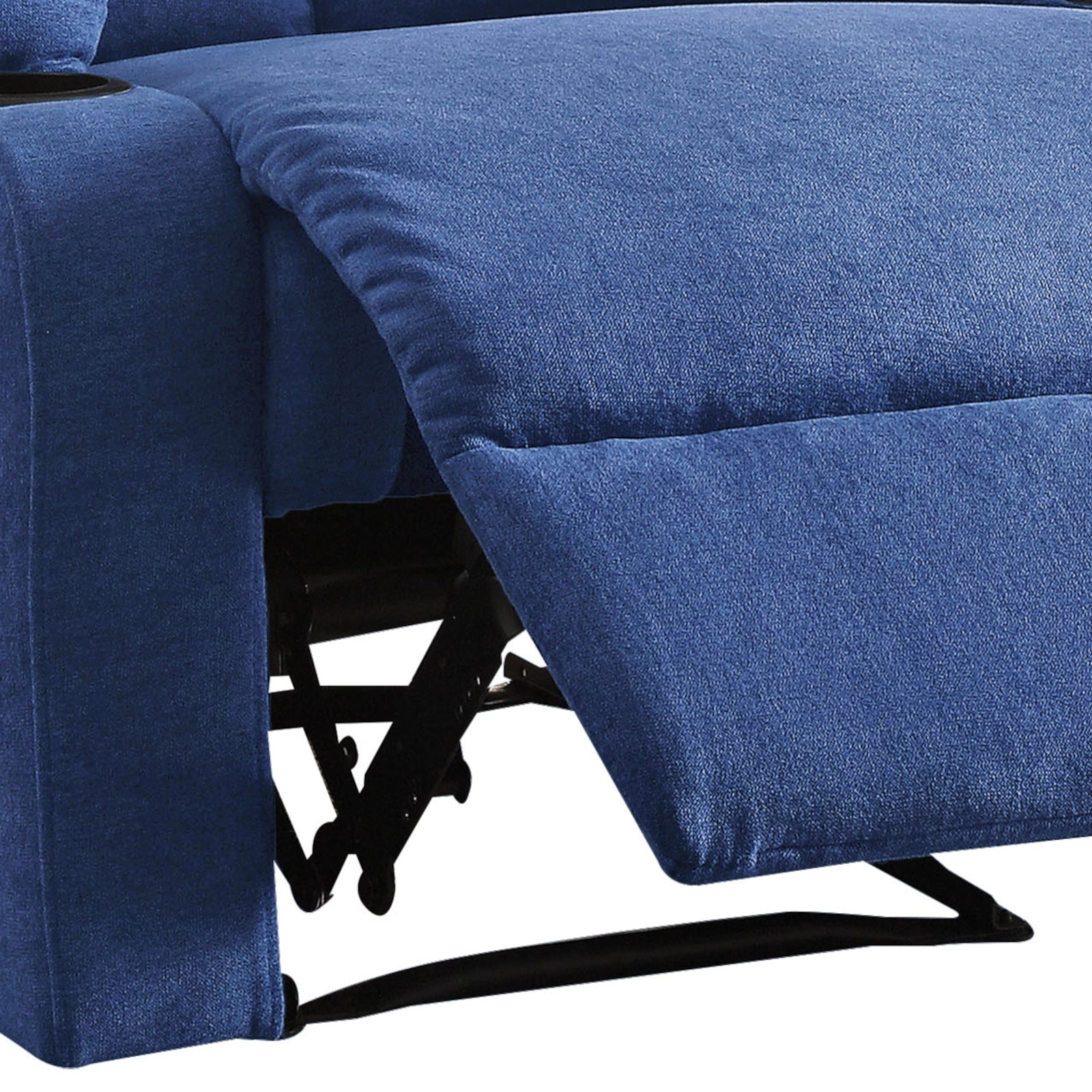 Closeup of plush blue fabric on a recliner chair with visible metal mechanism