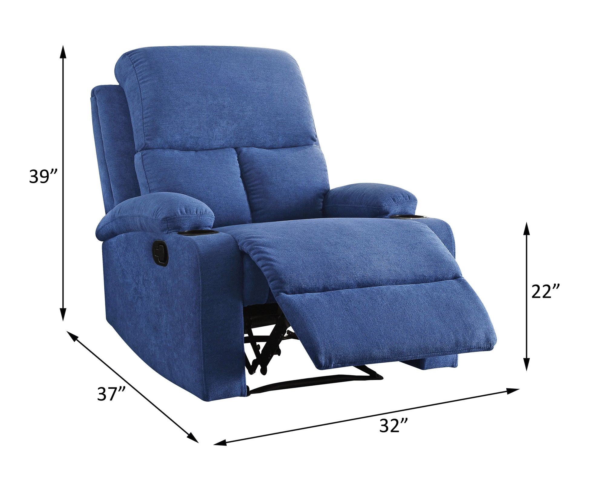 Plush blue fabric recliner chair with dual cup holders and side lever ideal for living rooms