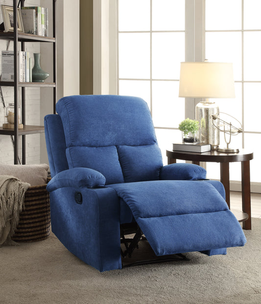 Plush blue fabric recliner chair with padded headrest and armrests featuring a builtin cup holder