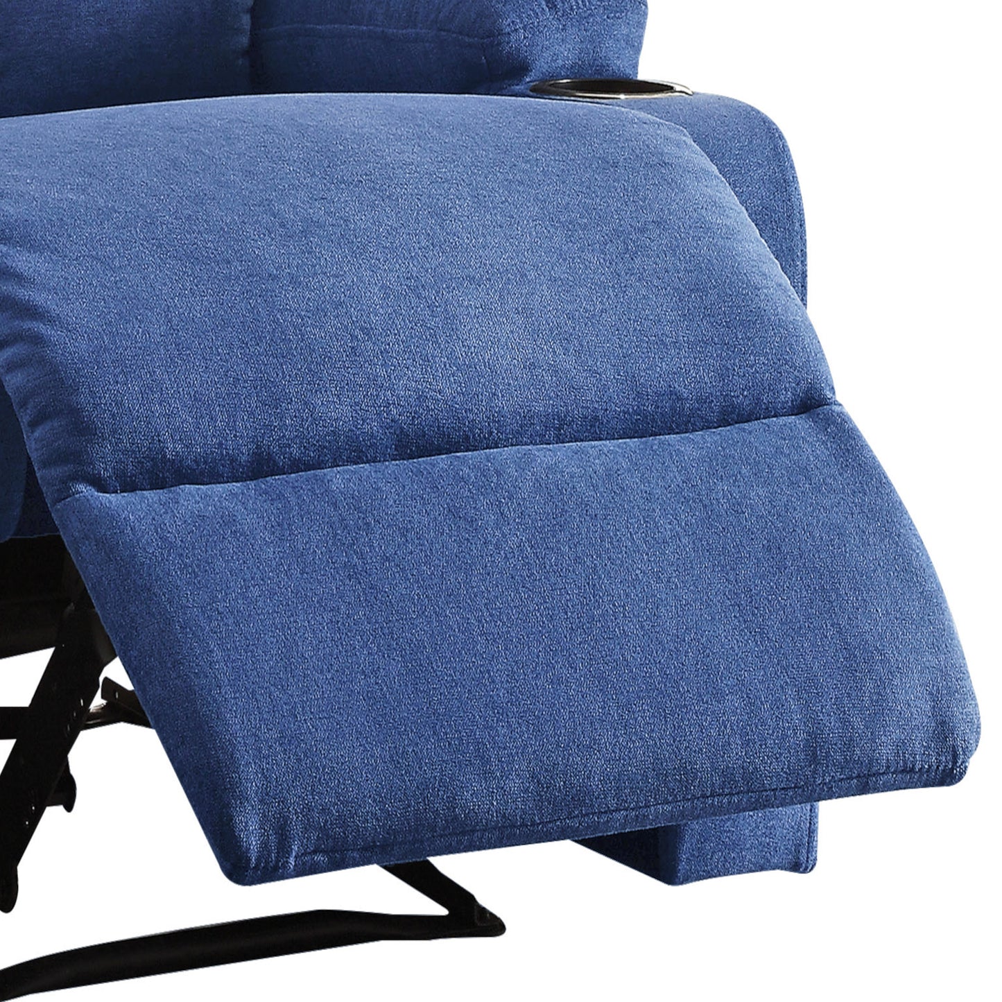 Blue fabric recliner footrest with integrated cup holder perfect for home theater seating