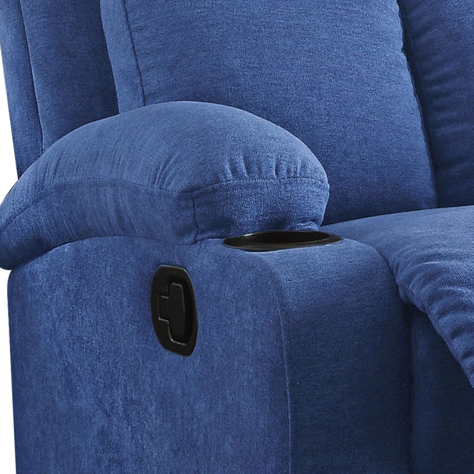 Comfortable blue fabric recliner chair with builtin cup holder and lever