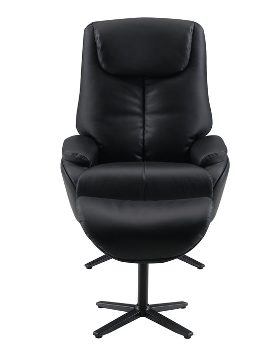 Black leather recliner chair with ottoman and swivel base for ultimate comfort