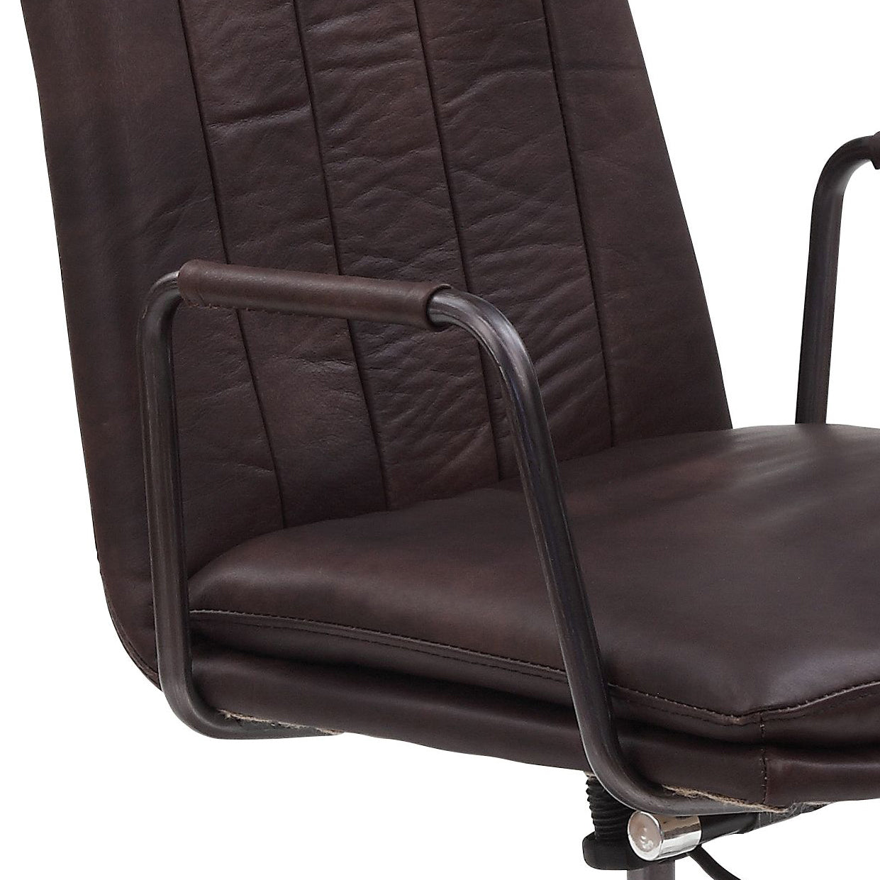 Dark brown leather office chair with tufted back and chrome arms