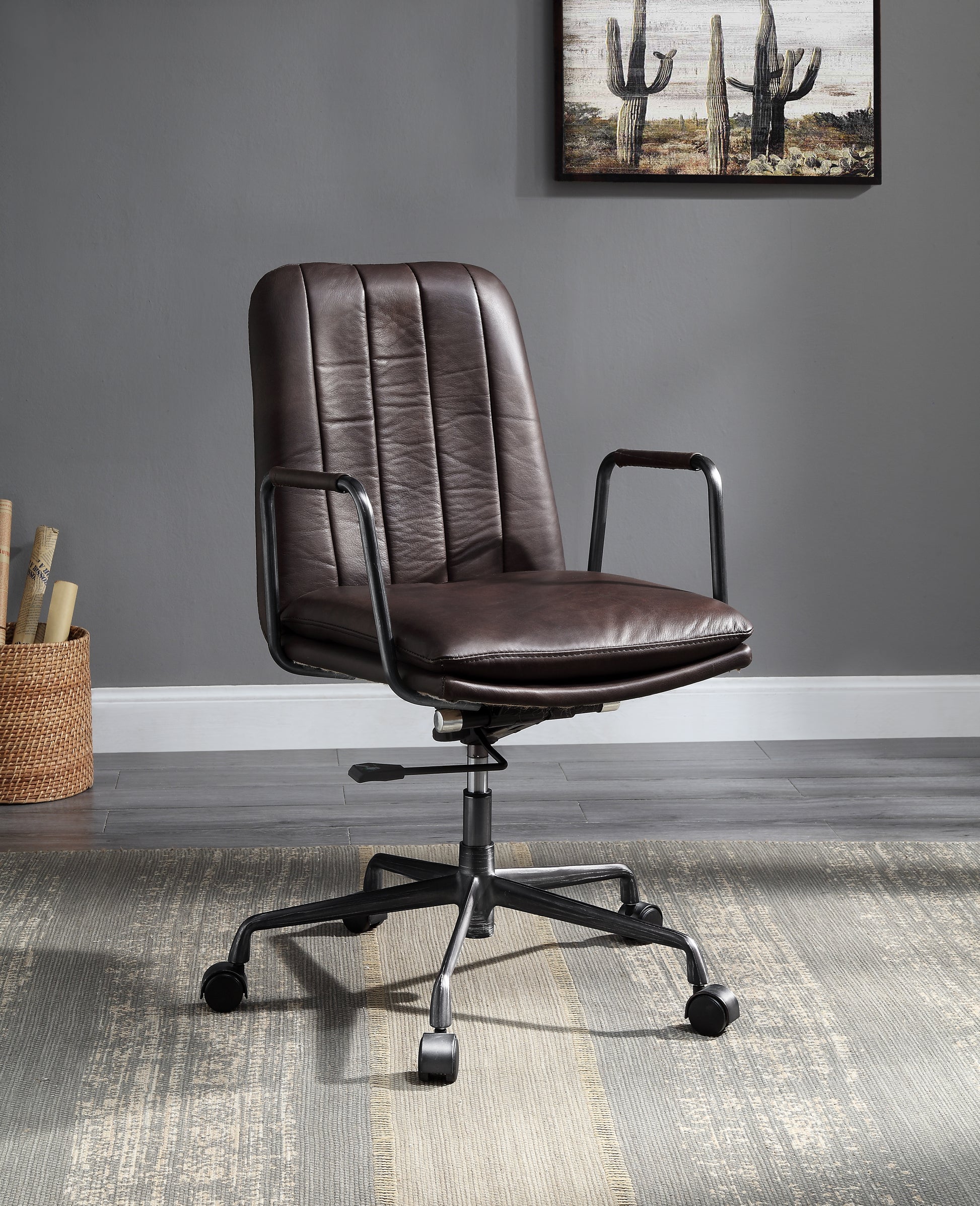 Brown faux leather office chair with tufted back and adjustable height