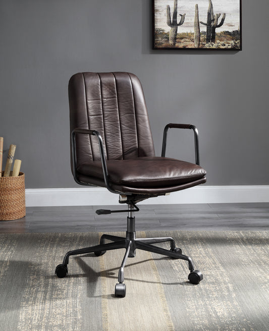 Brown faux leather office chair with tufted back and adjustable height