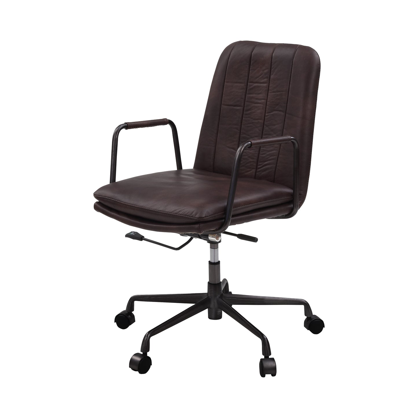 Dark brown leather office chair with quilted backrest and black metal frame Ergonomic design