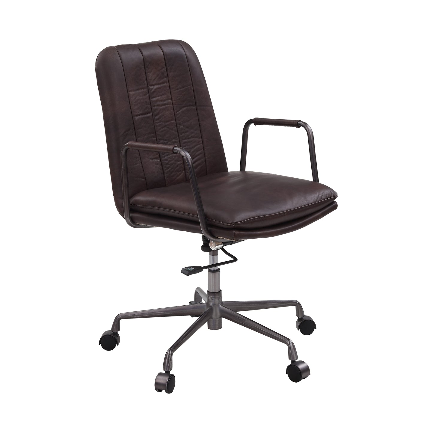 Brown distressed leather office chair with metal base and armrests