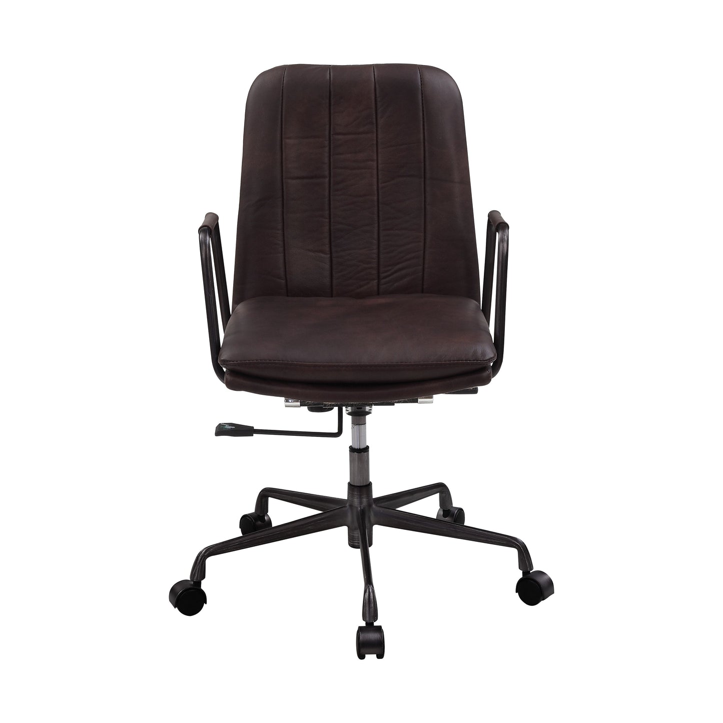 Dark brown faux leather executive office chair with padded seat and back